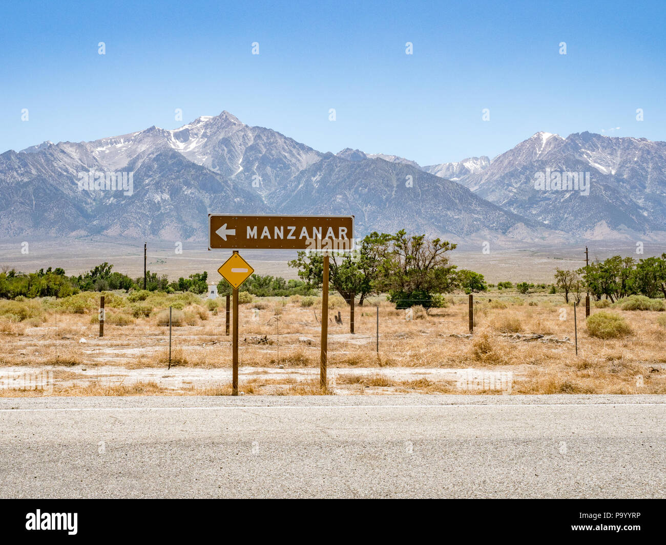 Internierungslager manzanar Wegweiser, manzanar National Historic Site, Inyo County, Kalifornien, USA Stockfoto
