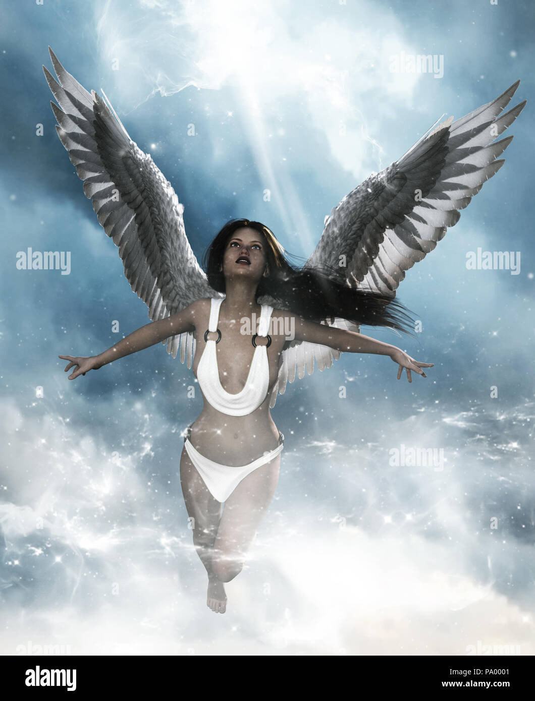 3d-Abbildung: Ein Engel im Himmel landen, Mixed Media für Buchillustration oder Buch Cover Stockfoto