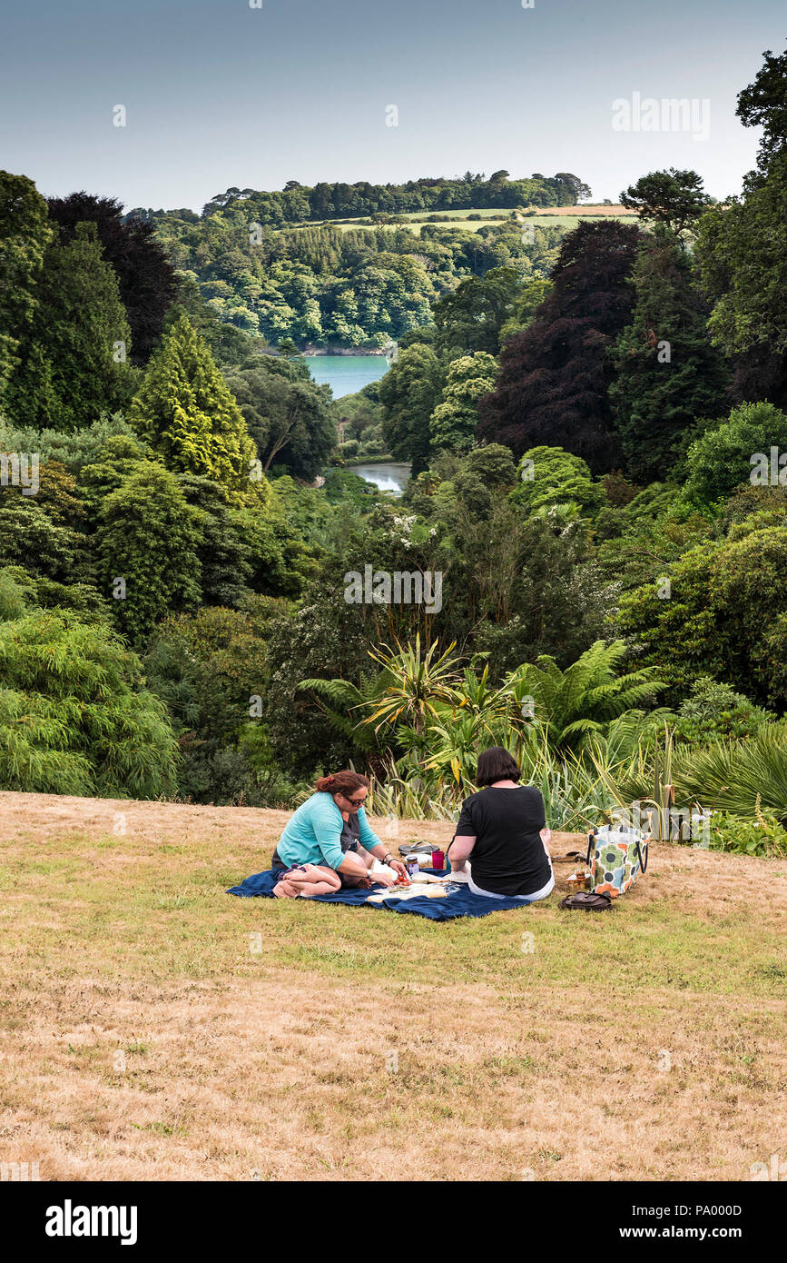 Menschen bei einem Picknick auf dem Rasen im Trebah Garten in Cornwall. Stockfoto