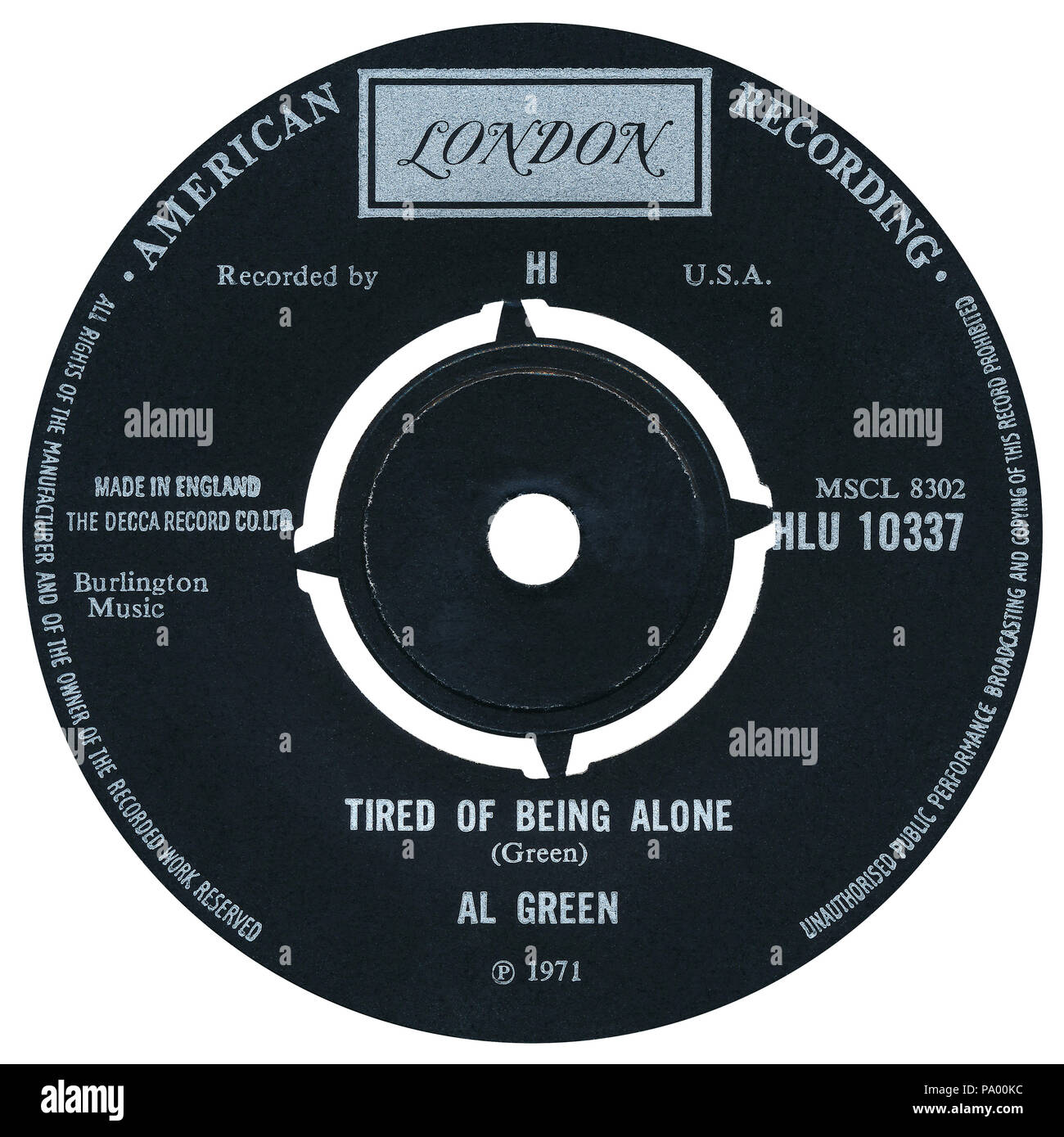 Großbritannien 45 U/min 7" Single von Müde von Allein von Al Green auf dem Londoner Label von 1971. Von Al Green geschrieben und von Willie Mitchell produziert. Stockfoto