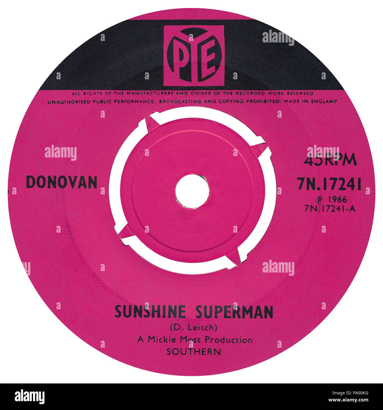 UK 45 U/min 7" Single von Sunshine Superman durch Donovan auf dem PYE Label aus dem Jahre 1966. Durch Donovan Leitch geschrieben und von Mickie am meisten produziert. Stockfoto