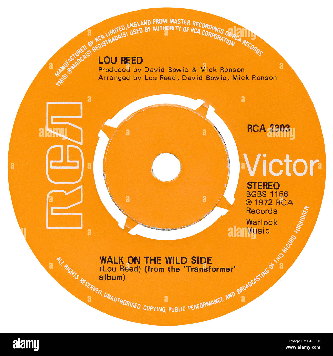 UK 45 U/min 7" Single von auf der wilden Seite von Lou Reed auf der RCA Label Spaziergang von 1972. Geschrieben von Lou Reed und David Bowie und Mick Ronson produziert. Stockfoto