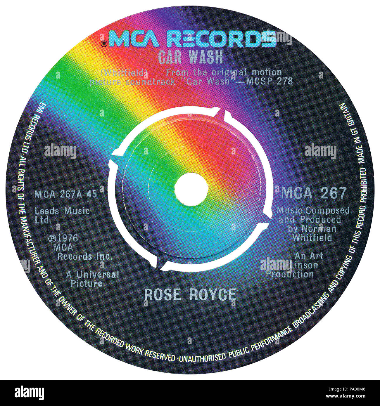 UK 45 U/min 7" Single von Car Wash von Rose Royce auf die MCA-Label aus dem Jahr 1976. Geschrieben und von Norman Whitfield produziert. Stockfoto