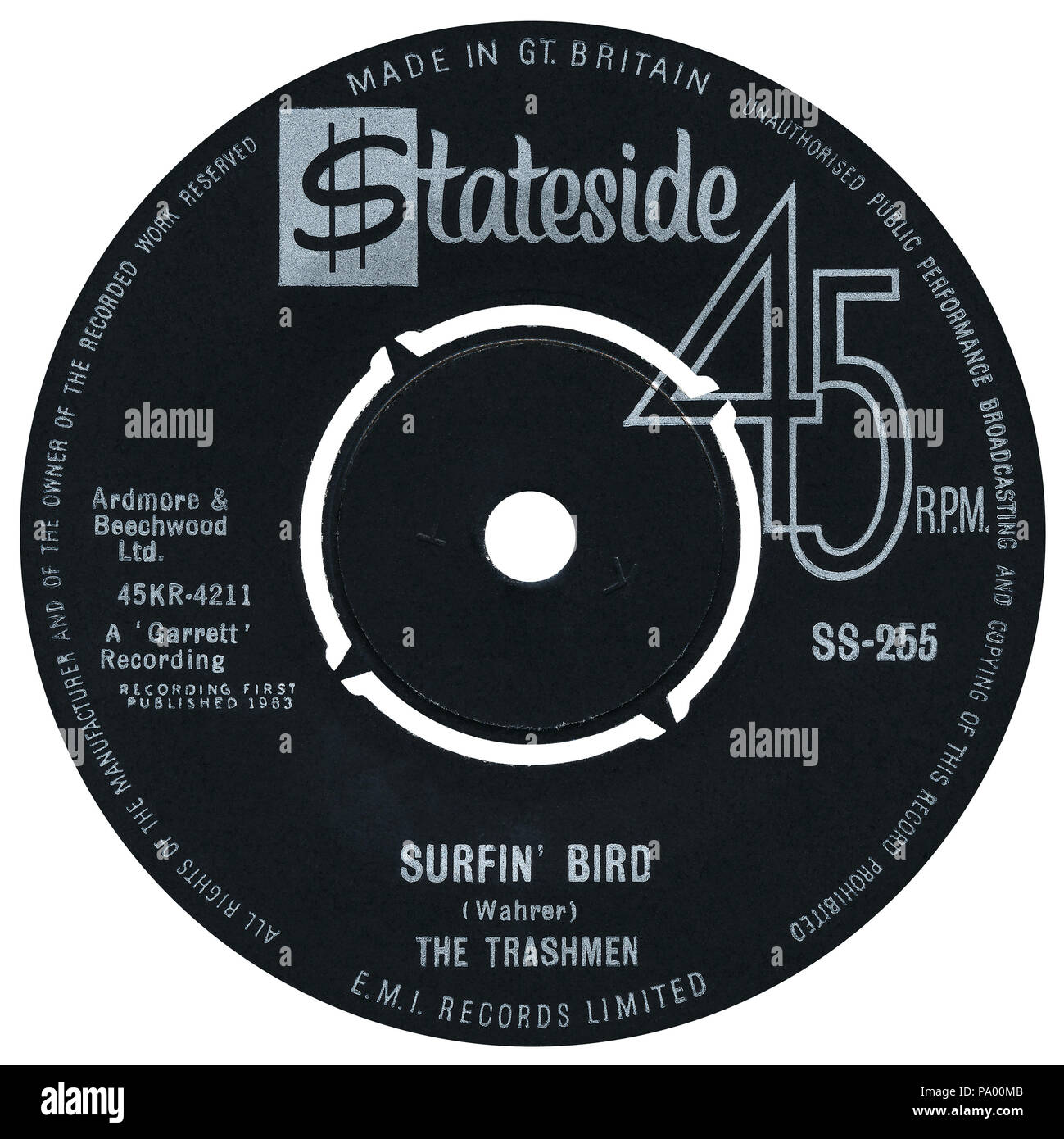 UK 45 U/min 7" Single von Surfin' Bird von der Trashmen auf der Stateside Label aus dem Jahre 1964. Songwriting zu Steve Wahrer auf dem Etikett gutgeschrieben, aber später gutgeschrieben Al Frazier, Sonny Harris, Carl Weiß und Turner Wilson Der Rivingtons. Stockfoto