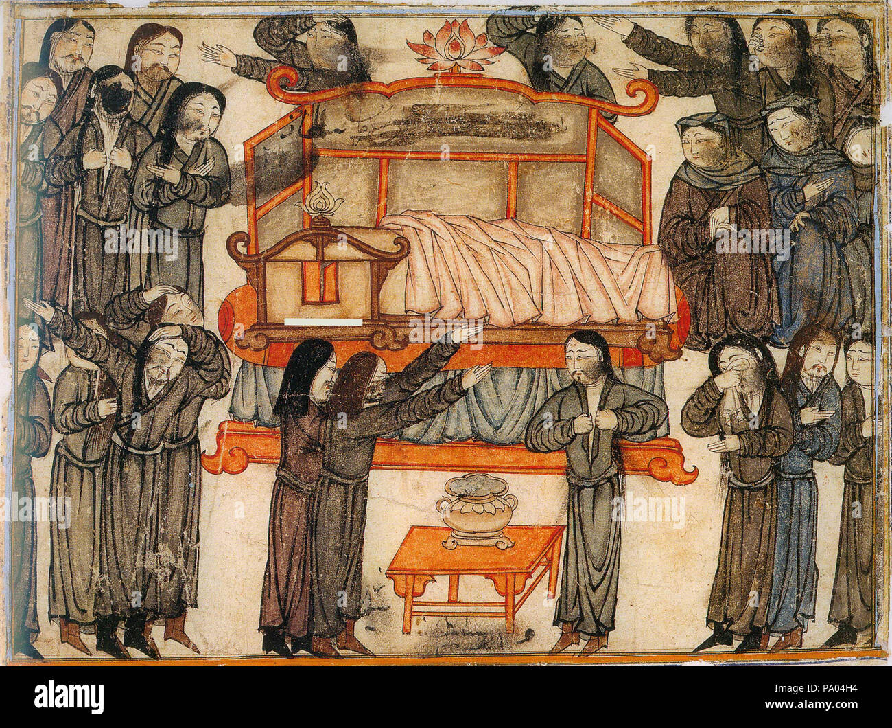 . Trauer ein Lineal. Abbildung: Rashid-ad-Din's Gami' an - tawarih. Täbris (?), im ersten Viertel des 14.Jahrhunderts. Wasser Farben auf Papier. Originalgröße: 19,6 cm x 26,5 cm. Staatsbibliothek Berlin, Orientabteilung, Diez A fol. 71, S. 55. 14. Jahrhundert 532 DiezAlbumsMourning Stockfoto