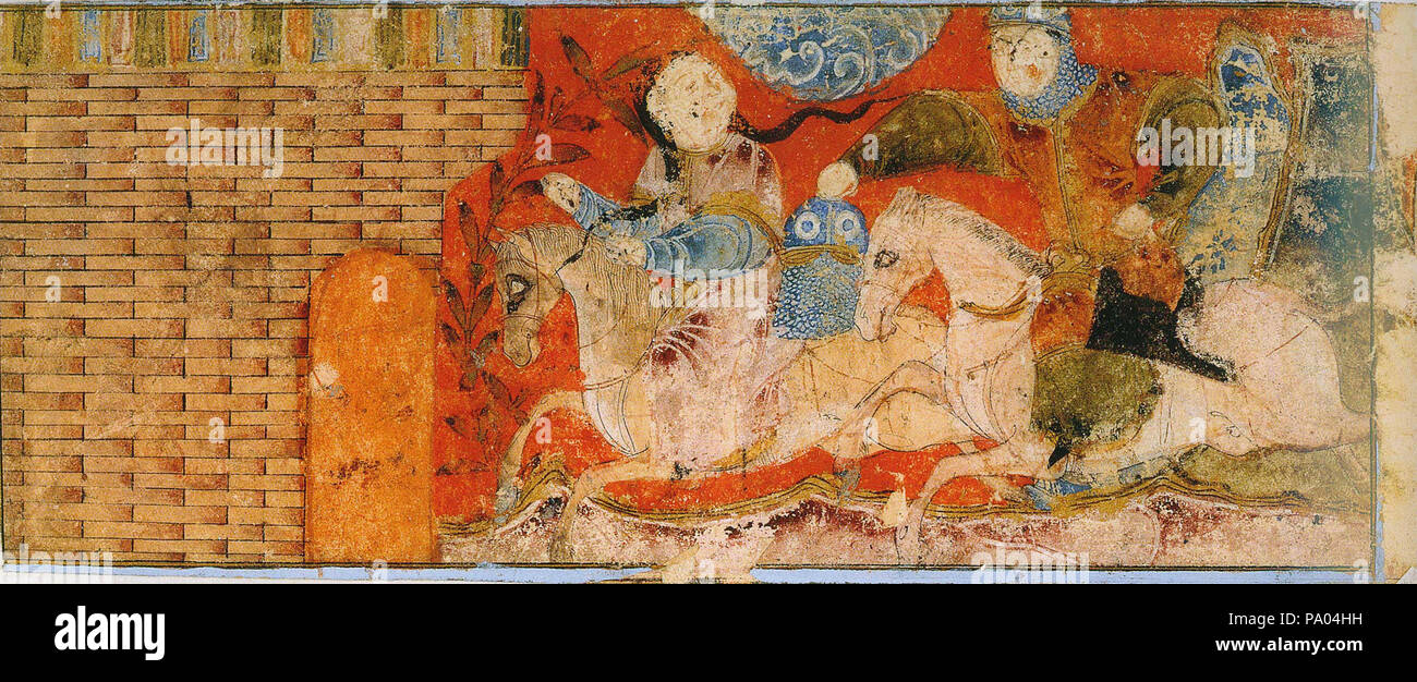 . Suhrab entdeckt er gekämpft hat mit Madame Gurdafarid. Abbildung des Shahname. Isfahan (?), im ersten Viertel des 14.Jahrhunderts. Wasser Farben und Gold auf Papier. Originalgröße: 7,8 cm x 20 cm. Staatsbibliothek Berlin, Orientabteilung, Diez A fol. 71, S. 42. 2. Rustam's Sohn Suhrab nur rip der Helm den Kopf seines Gegners und entdeckt den Gegner ist eine Frau. 14. Jahrhundert 532 DiezAlbumsSchahnameGurdafarid Stockfoto