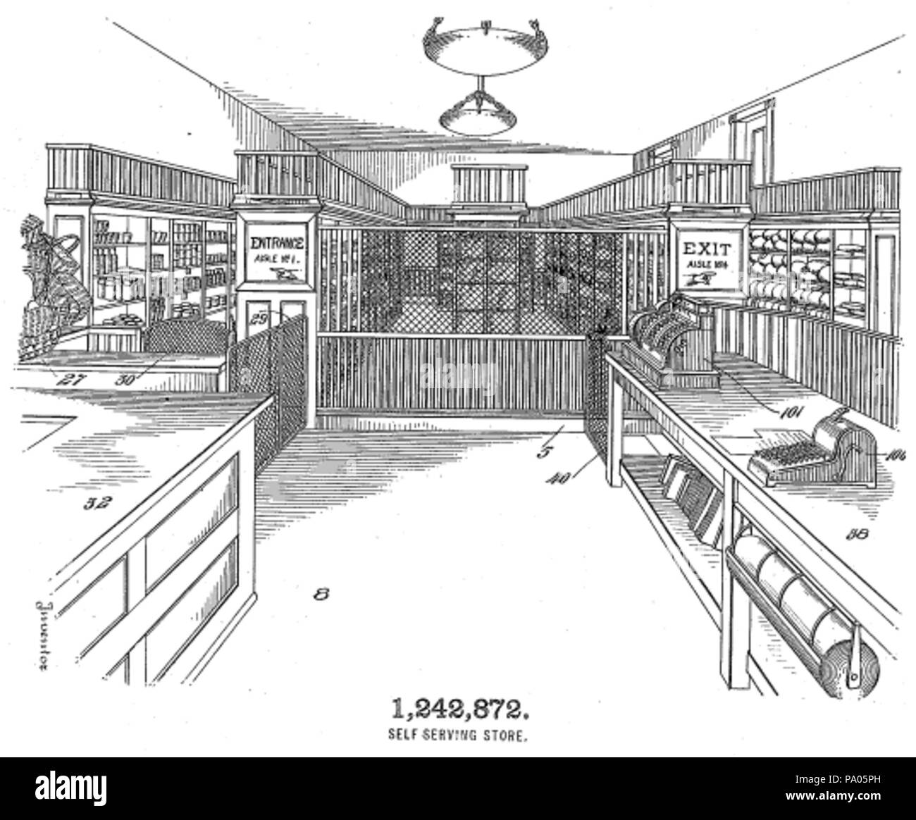590 Zeichnung eines Self-service Store, U.S. Patent 1,242,872 Stockfoto