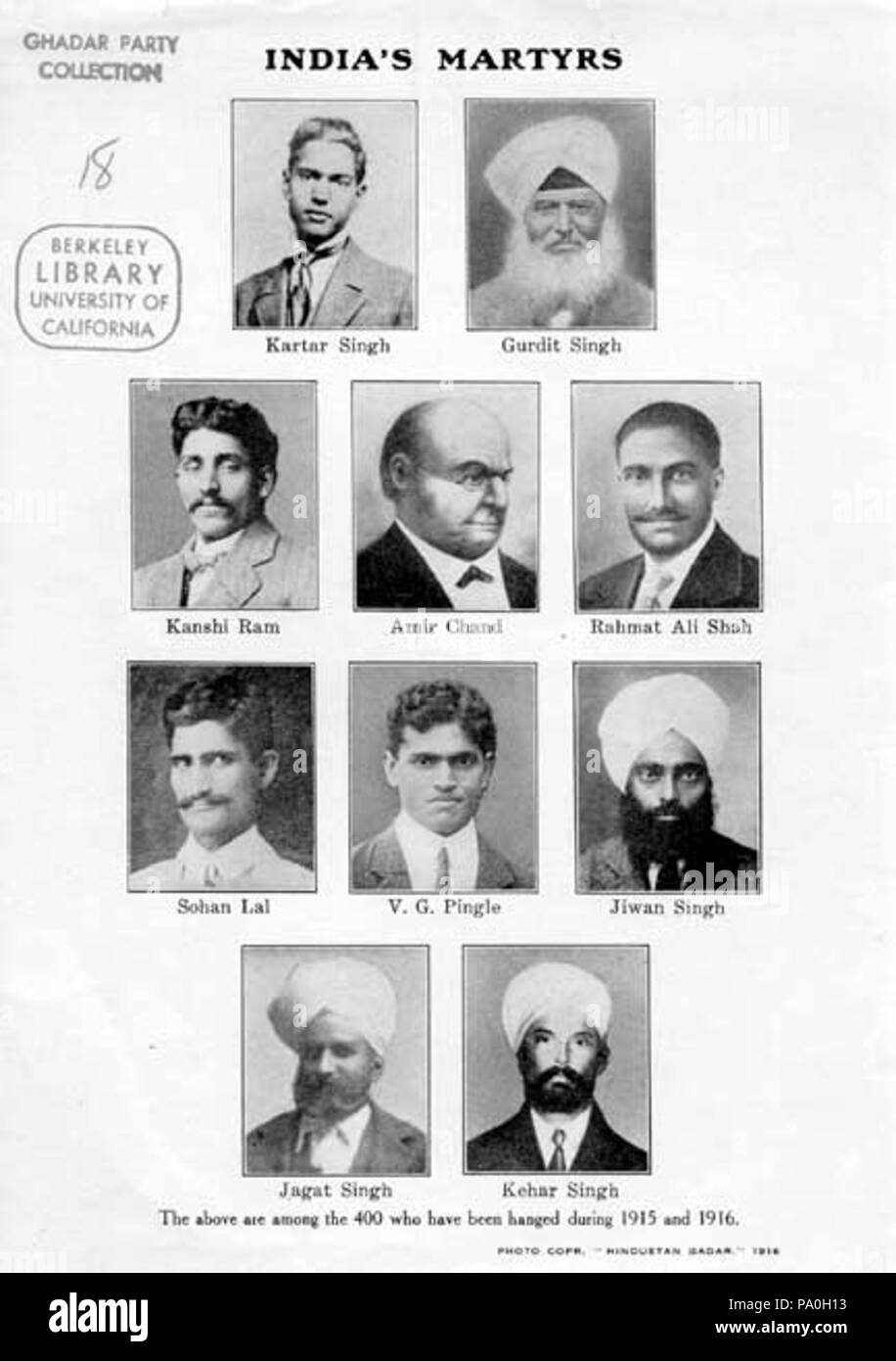 711 Ghadar Partei Flugblatt - Indiens Märtyrer Stockfoto
