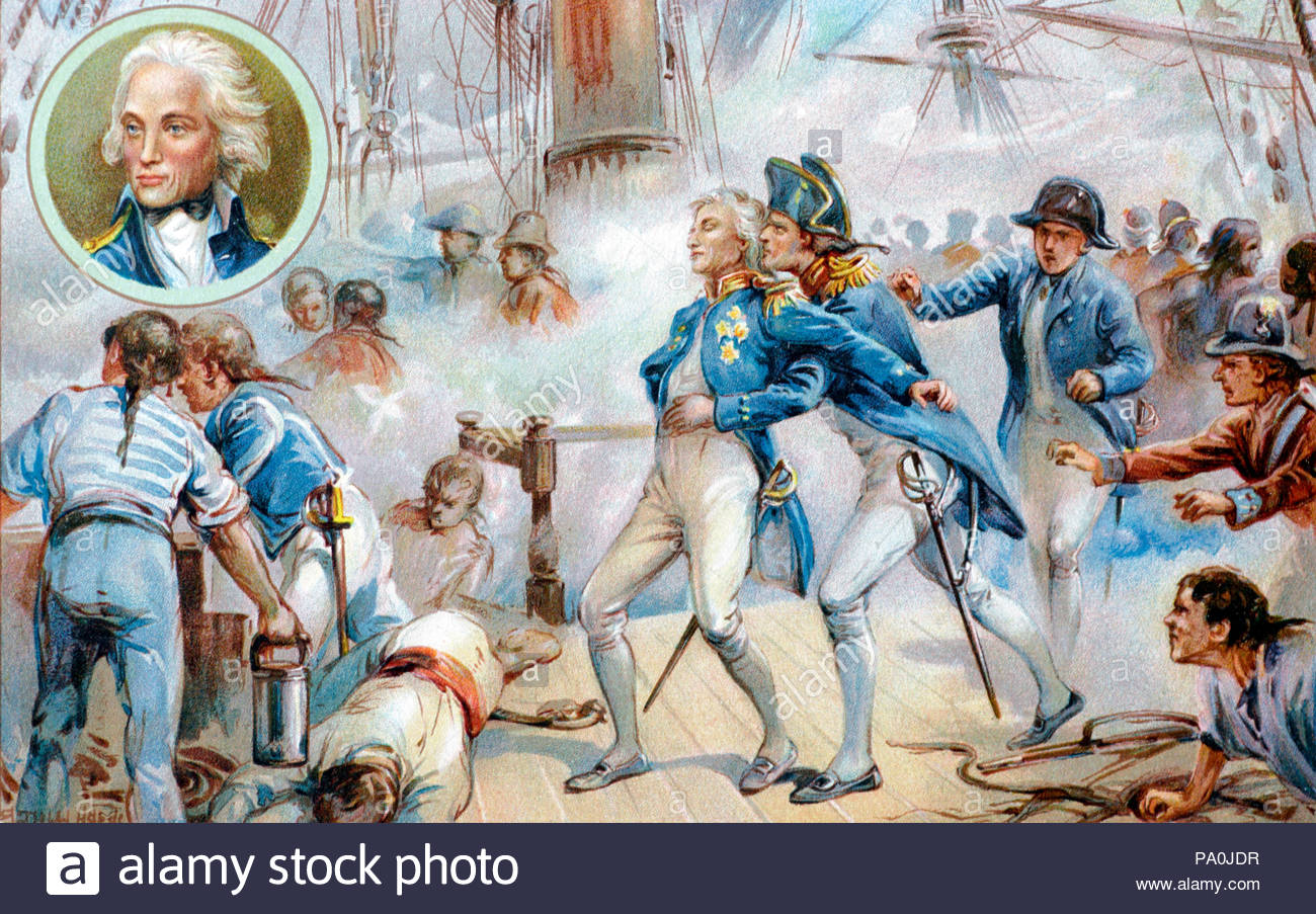 Schlacht von Trafalgar Oct 21 1805, in c 1900 veröffentlicht. Vice Admiral Horatio Nelson inset. Stockfoto