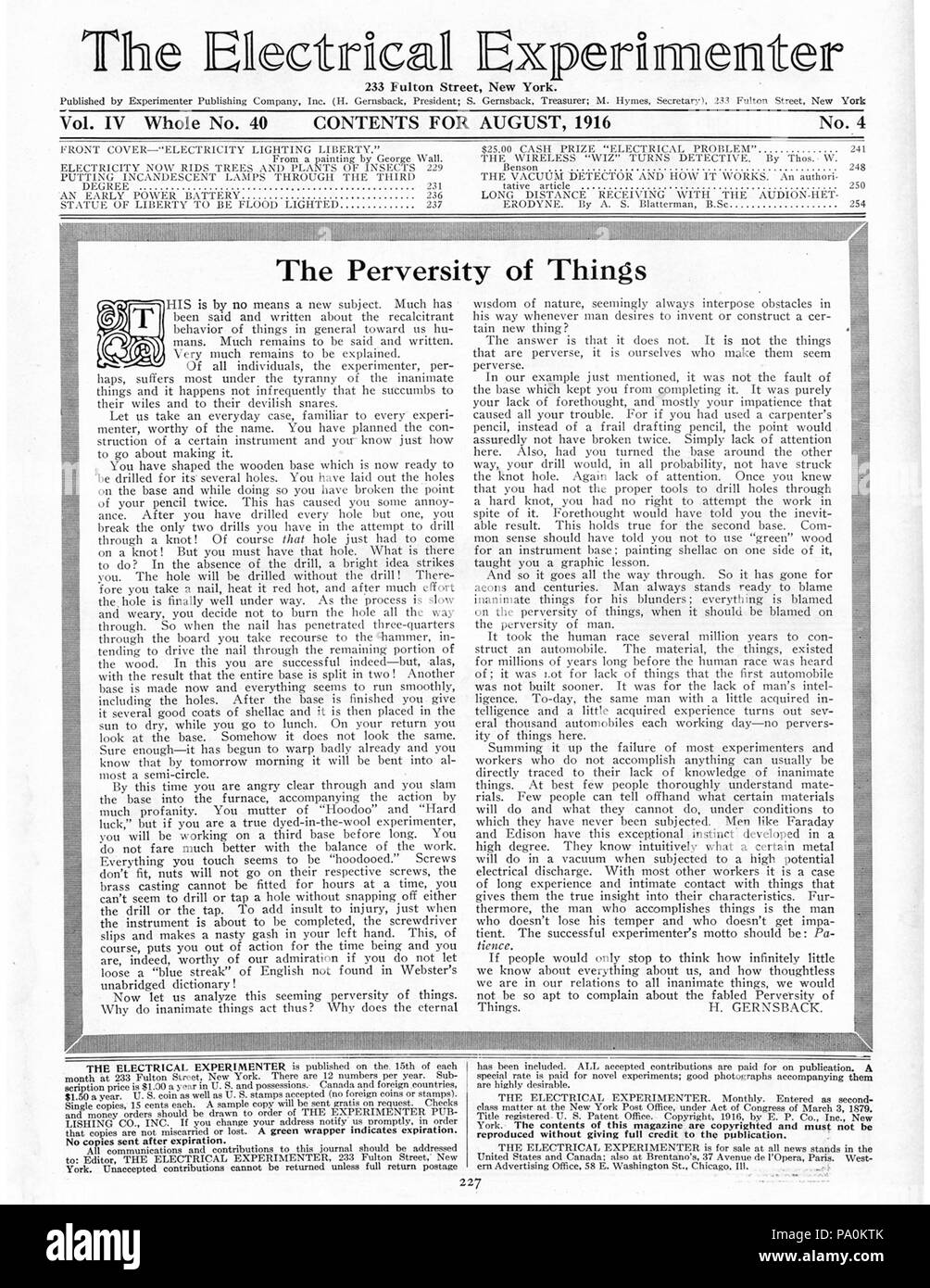 613 Elektrische Experimenter Aug 1916 pg227 Stockfoto