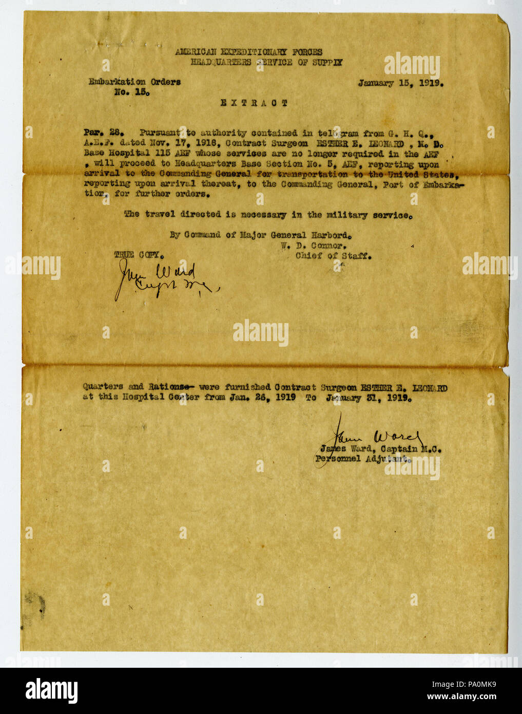 617 Einschiffung Bestellungen Nr. 15. Extrahieren, American Expeditionary Forces, Zentrale Dienste der Versorgung, 15. Januar 1919 Stockfoto