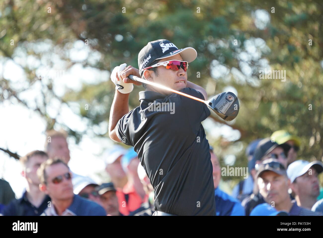 Carnoustie, Angus, Schottland. 19. Juli 2018. Japans Hideki Matsuyama zweigt weg während der ersten Runde der 147. Open Golf Championship an der Carnoustie Golf Links in Carnoustie, Angus, Schottland, am 19. Juli 2018. Credit: Koji Aoki/LBA SPORT/Alamy leben Nachrichten Stockfoto