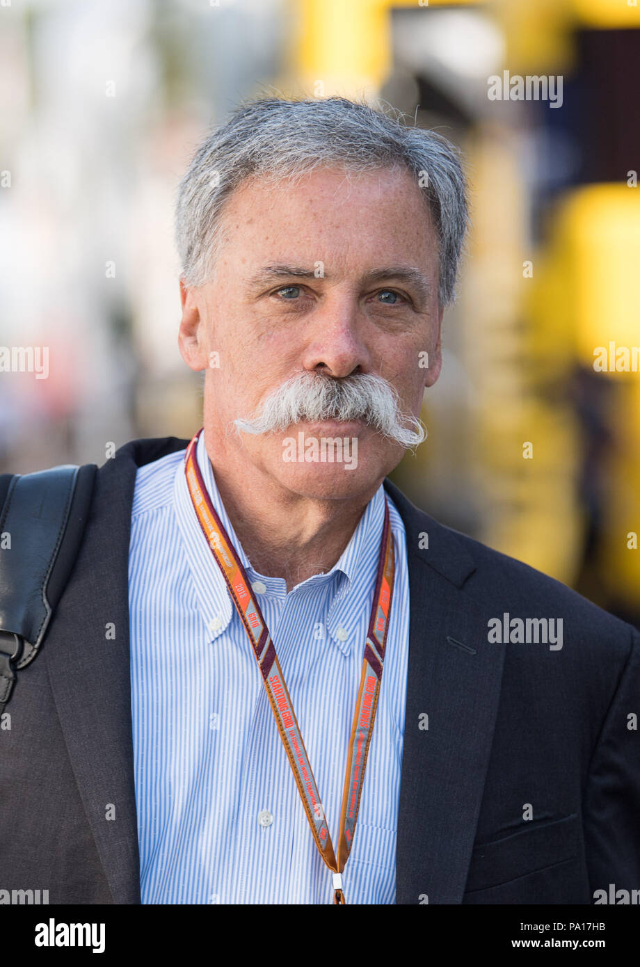 Hockenheim, Deutschland. 20. Juli 2018. Motorsport: Formel 1-Weltmeisterschaft, Deutschen Grand Prix: Chase Carey, CEO der Formel 1 Gruppe, Ankunft in den Paddock. Credit: Sebastian Gollnow/dpa/Alamy leben Nachrichten Stockfoto
