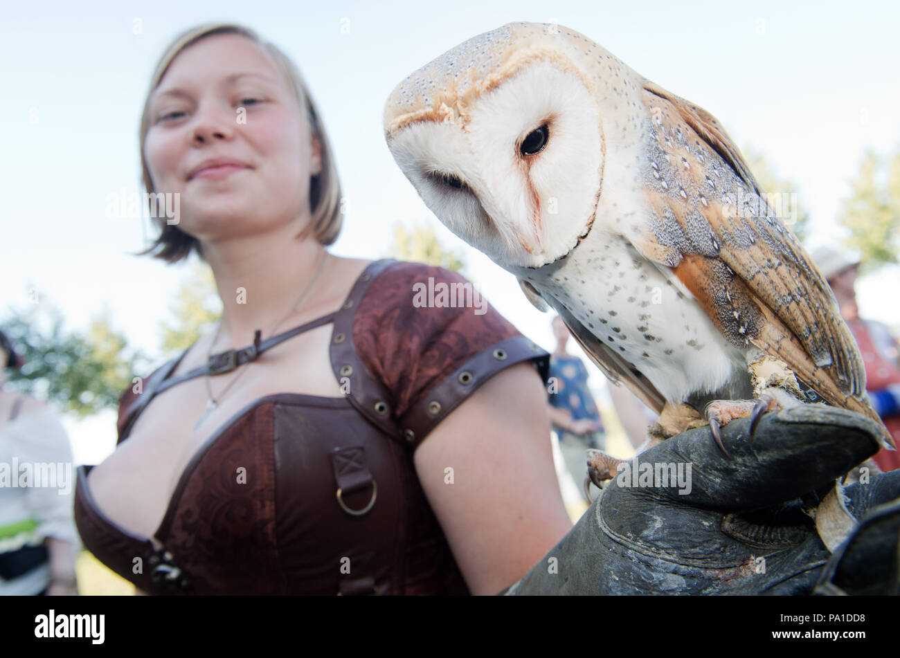 Stralsund, Deutschland. 20. Juli 2018. Julia Zienicke aus dem Zoo in Stralsund zeigt eine Schleiereule. Bauern, Händlern, Gauklern und Jongleuren während der Parade der Hansestadt erleben die Belagerung der Stadt im Jahr 1628 von den kaiserlichen Truppen unter General Wallenstein. Nach schweren Kämpfen, die Menschen in Stralsund konnten Wallensteins Armee zu besiegen. Quelle: Stefan Sauer/dpa-Zentralbild/dpa/Alamy leben Nachrichten Stockfoto