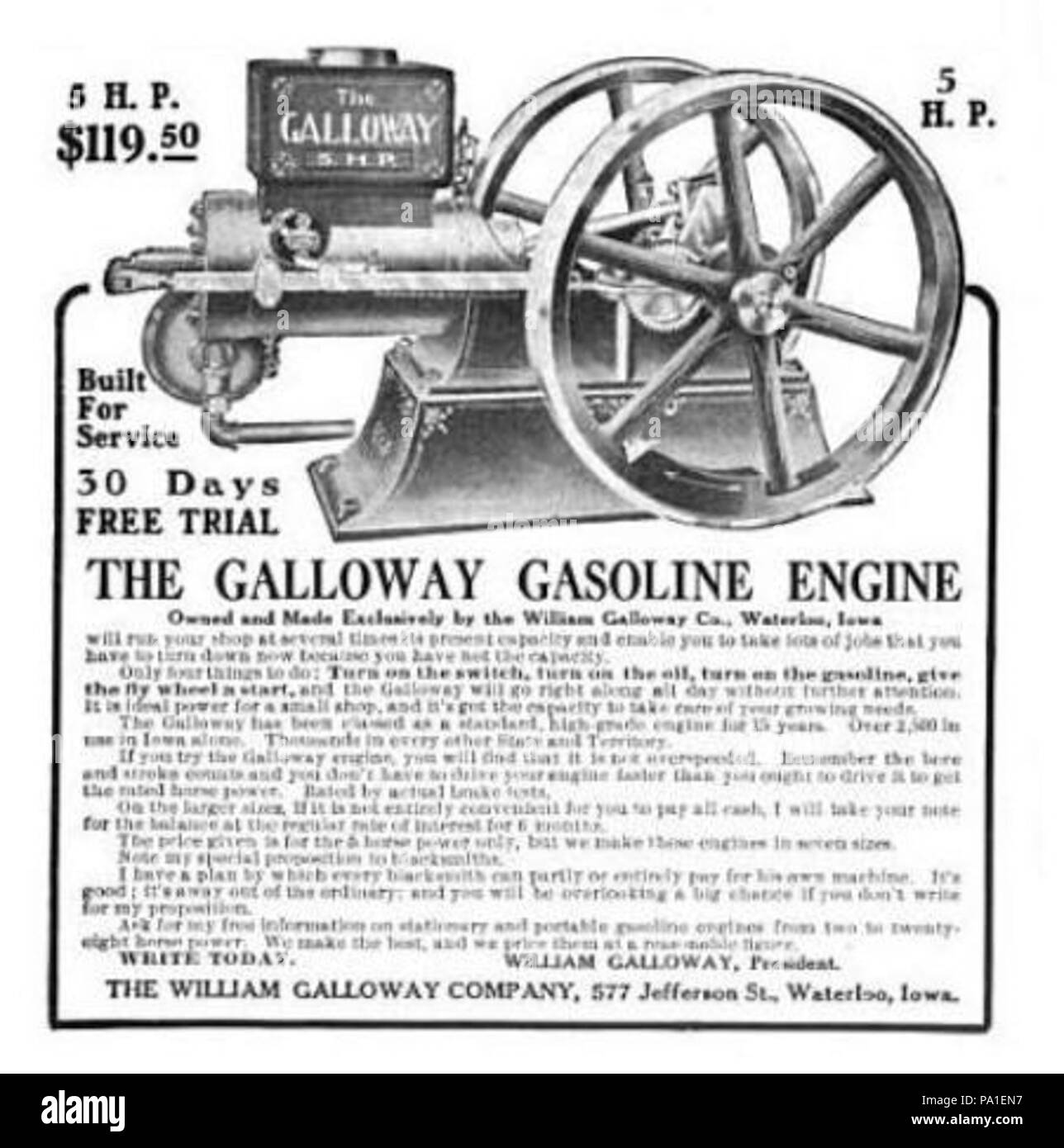 . Englisch: Die William Galloway Co. war ein Bauernhof Hersteller und Motorenbauer in Waterloo, Io implementieren. Diese ad Beschreibt eine 5 hp 1-Zylinder Stationärmotor. Es kostet $ 119.50 wie hier gezeigt, oder $ 130.00 als tragbare. Galloway bot eine 30 Tage Testversion. ca. 1908 687 Galloway 5-PS-Motor. Stockfoto