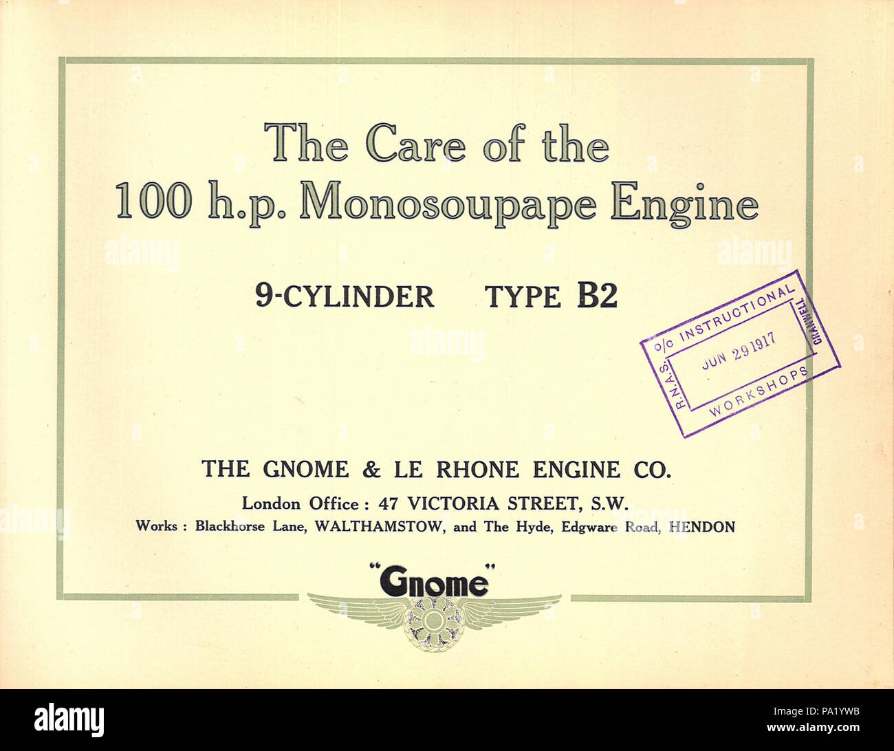 . Titel Seite 9 Zylinder, Typ B2, Gnome & Le Rhone Motor Co., Juni 1917 Gnome Le Rhone bin onosoupape" (Ventil) B2 9-Zylinder Rotary Engine von WW 1. Weitere Bilder aus dieser Quelle in Gnome Monosoupape Flugmotor Handbuch zu sehen. 1917 oder früher 715 Gnome Monosoupape Titel Seite Stockfoto