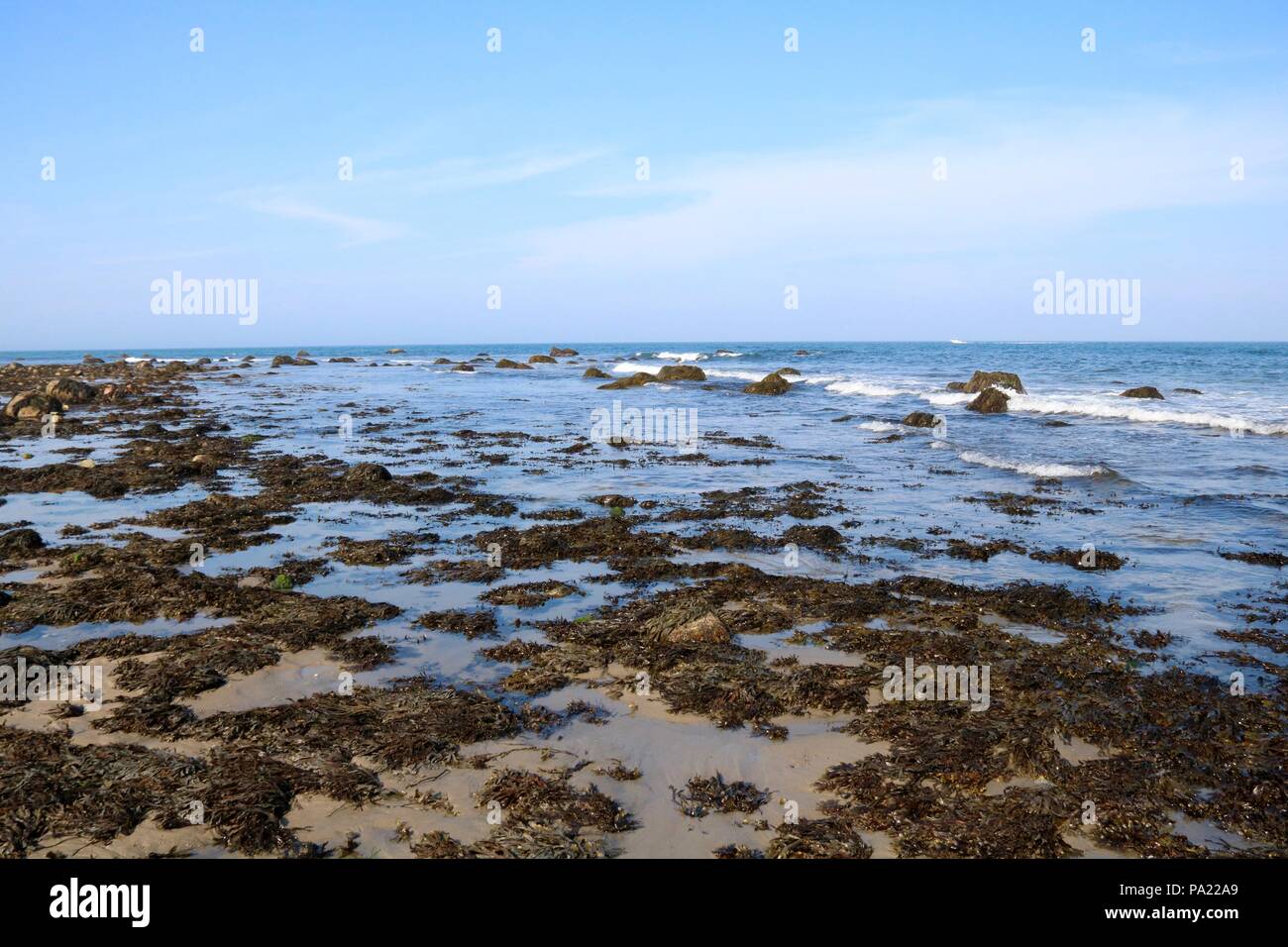 Ein Blick auf das Meer vom Haus Strand, Block Island, Rhode Island. Stockfoto