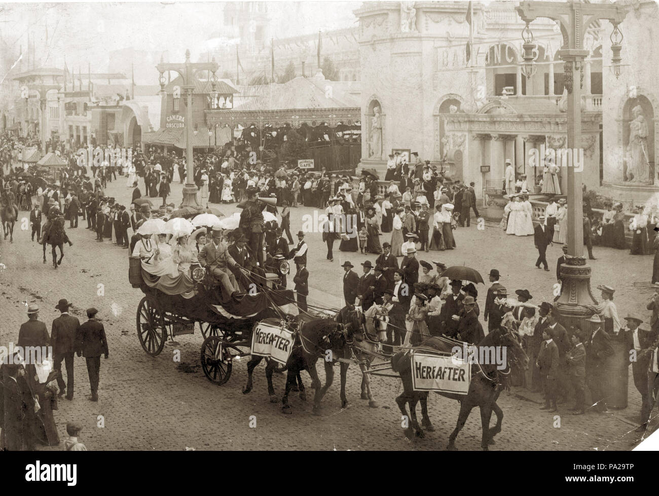 283 Schlitten Lager Anzeichen für das Jenseits Attraktion fahren auf der Hauptverkehrsstraße von der Pike auf der World's Fair 1904 Stockfoto