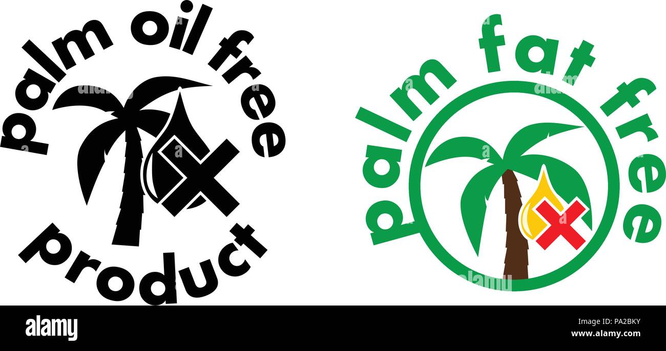 Palm Öl/Fett frei Produkt Symbol. Baum und das Symbol mit dem Kreuz fallen. Schwarz-weiß oder Farbe zeichen Version. Stock Vektor