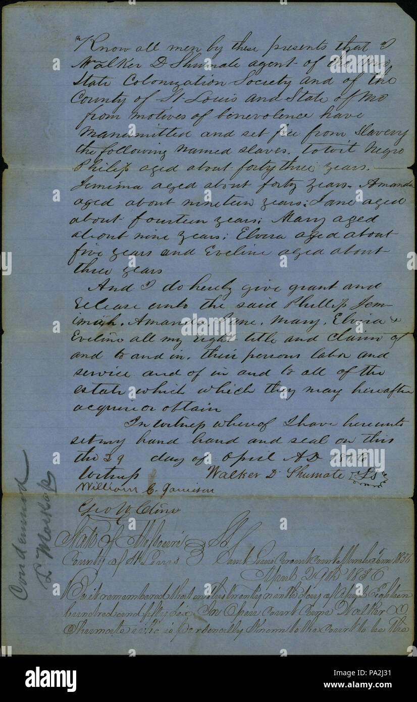 378 Tat der manumission unterzeichnet Walker D. Shumate, Agent der Missouri State Kolonisierung Gesellschaft und von St. Louis County, Missouri, 29. April 1856 Stockfoto