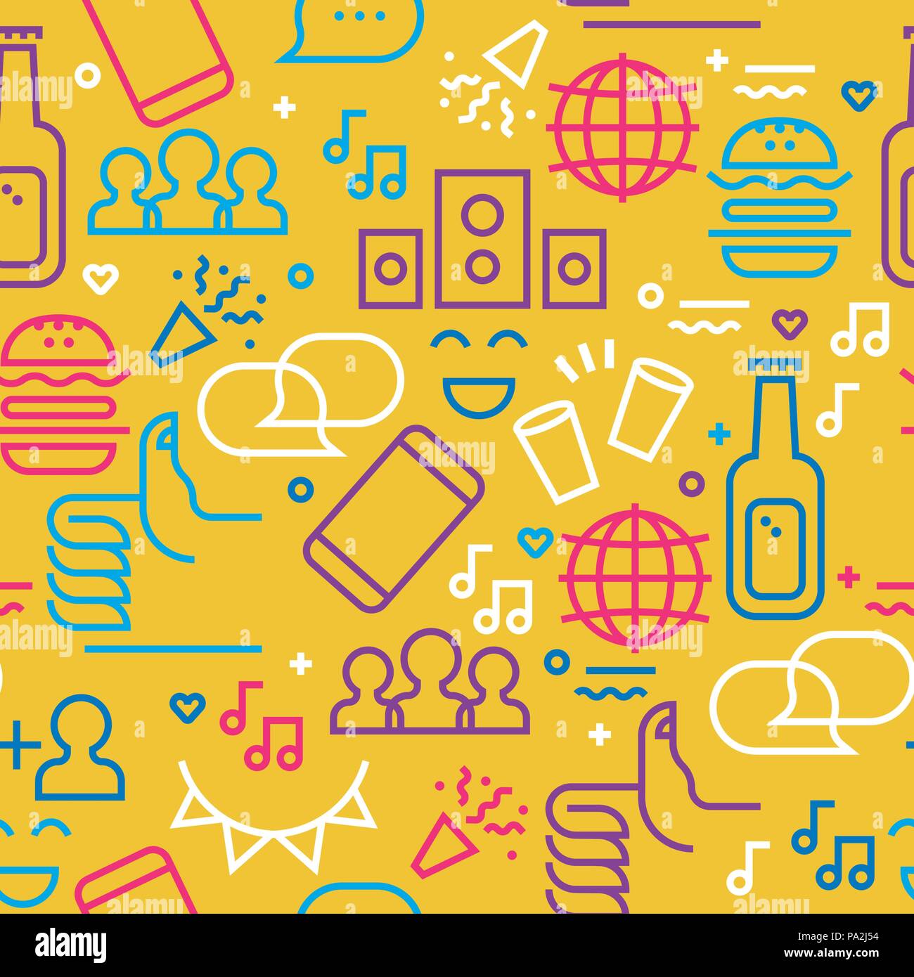 Moderne Partei nahtlose Muster mit bunten outline Style Icon Set. Trendy jugendlich Feier Hintergrund schließt das soziale Netzwerk Symbole. EPS 10 Vektor. Stock Vektor