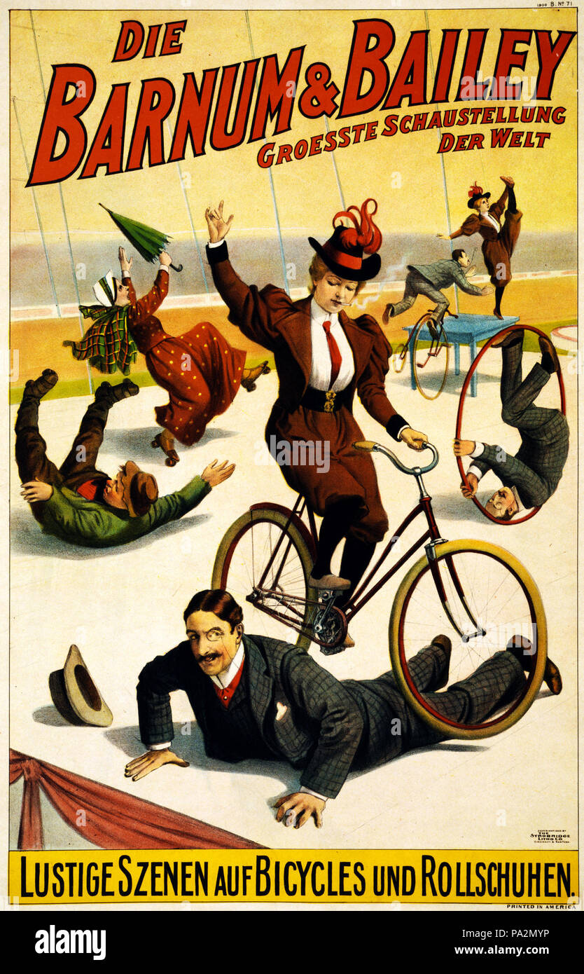 708 deutsche Plakat für Barnum & Amp; Bailey mit Fahrrädern und Rollerskates, 1900 Stockfoto