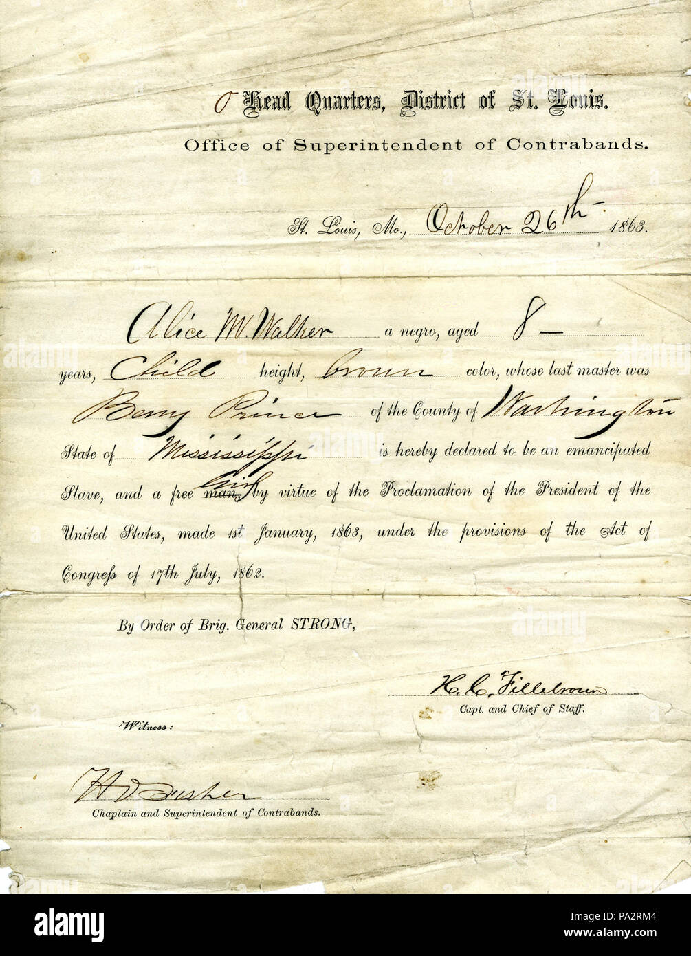 378 Erklärung der Emanzipation für Alice M. Walker, Leiter Viertel, Stadtteil von St. Louis, Schulaufsichtsbehörde Contrabands, 26. Oktober 1863 Stockfoto