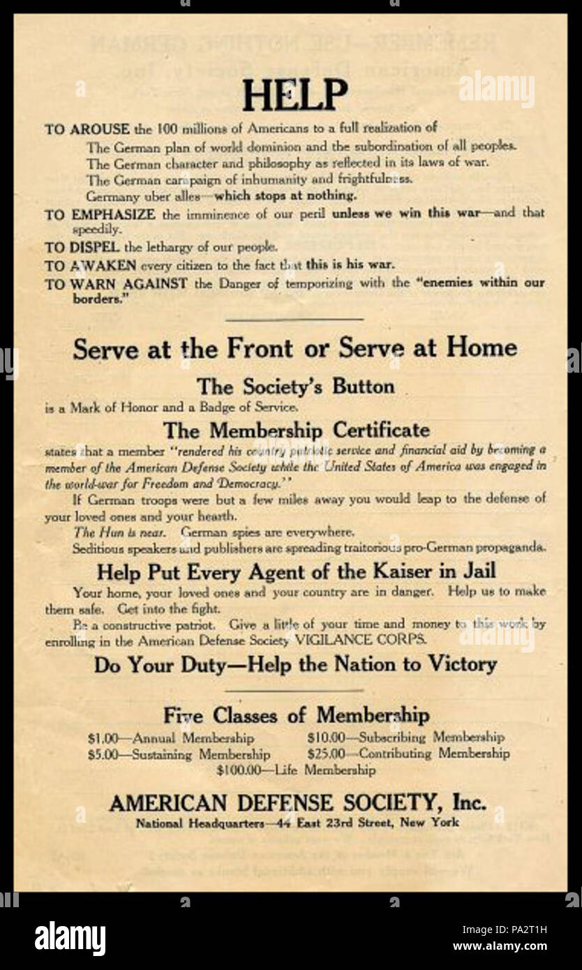 . Englisch: Merkblatt der amerikanischen Verteidigung Gesellschaft. ca. 1917 101 ADS-Broschüre 1917 Stockfoto