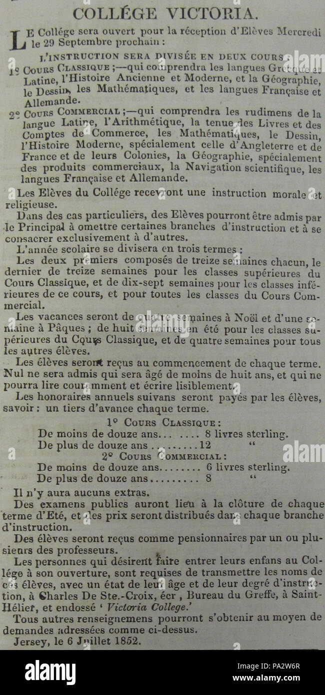 54 Collège Victoria Chronique de Jersey 14 Juillet 1852 Stockfoto