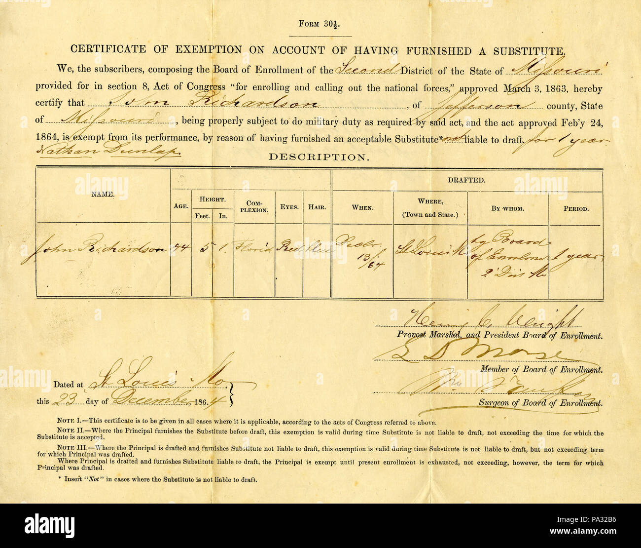 294 Bescheinigung über die Befreiung von John Richardson auf einen Ersatz eingerichtet, 23. Dezember 1864 Stockfoto