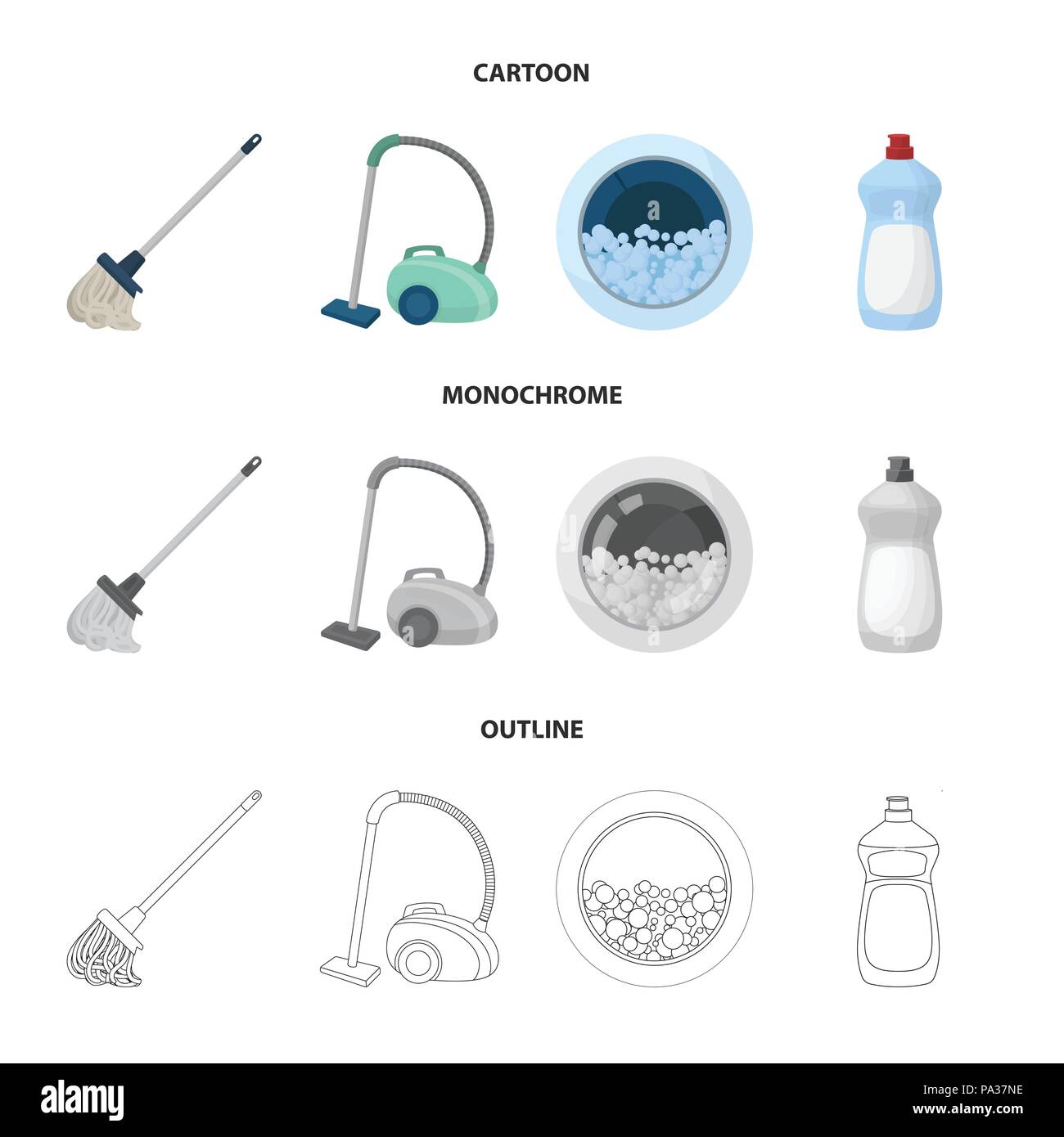 Mop mit einer für das Waschen von Böden, eine grüne Staubsauger, ein Fenster einer Waschmaschine mit Wasser und Schaum, eine Flasche mit einem Reinigungsmittel. Cle Stock Vektor
