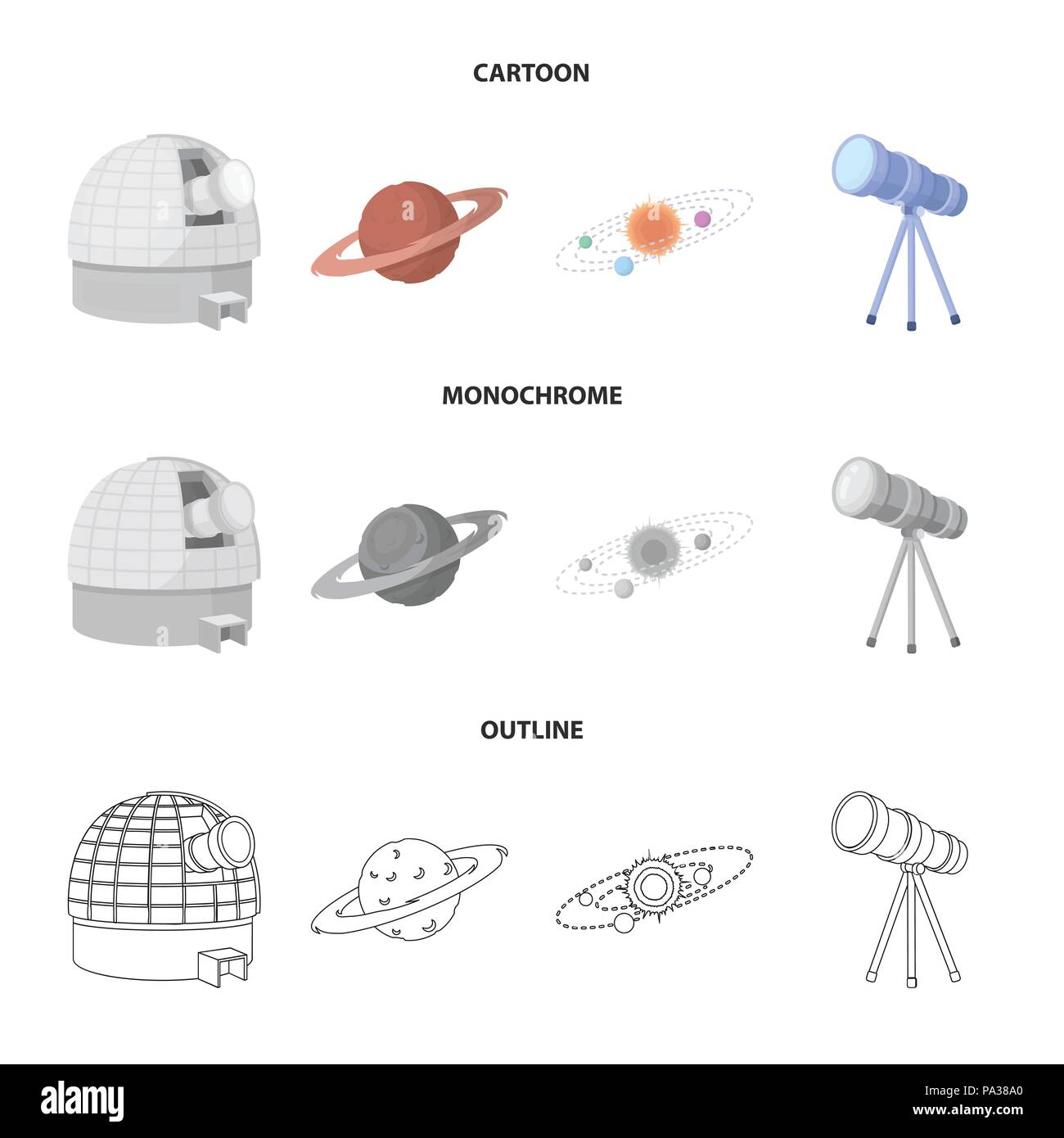 Observatorium mit einem Radioteleskop, Mars, Solaranlage mit Umlaufbahnen von Planeten, Teleskop auf einem Stativ. Raum Sammlung Icons im Cartoon, Überblick Stock Vektor Observatorium mit einem Radioteleskop, Mars, Solaranlage mit Umlaufbahnen von Planeten, Teleskop auf einem Stativ. Raum Sammlung Icons im Cartoon, Überblick Stock Vektor