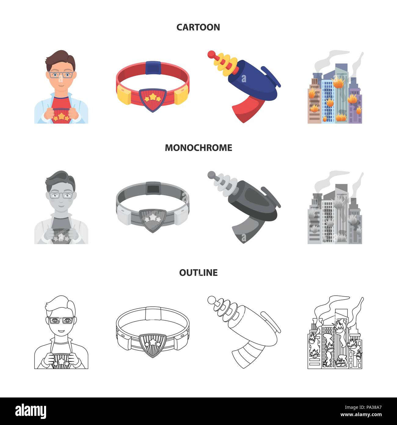 Mensch, Junge, Gläser und anderes Symbol in Cartoon, Outline, Schwarzweiß-Stil. Superman, Gürtel gun Symbole in Sammlung Stock Vektor