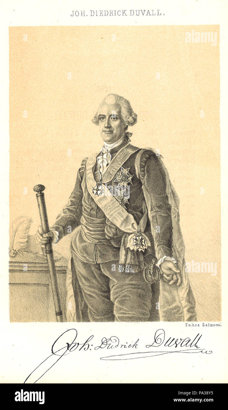 . Svenska: sv: Johan Didrik Duwall (1723-1801), svensk och lantmarskalk friherre, Militär. Englisch: sv: Johan Didrik Duwall (1723-1801), schwedischer, Baron, Offizier und v: lantmarskalk' (Vorsitzender des Adels). Zwischen 1854 und 1855 595 Duwall, Johan Didrik (ur Svenska landtmarskalkar) Stockfoto