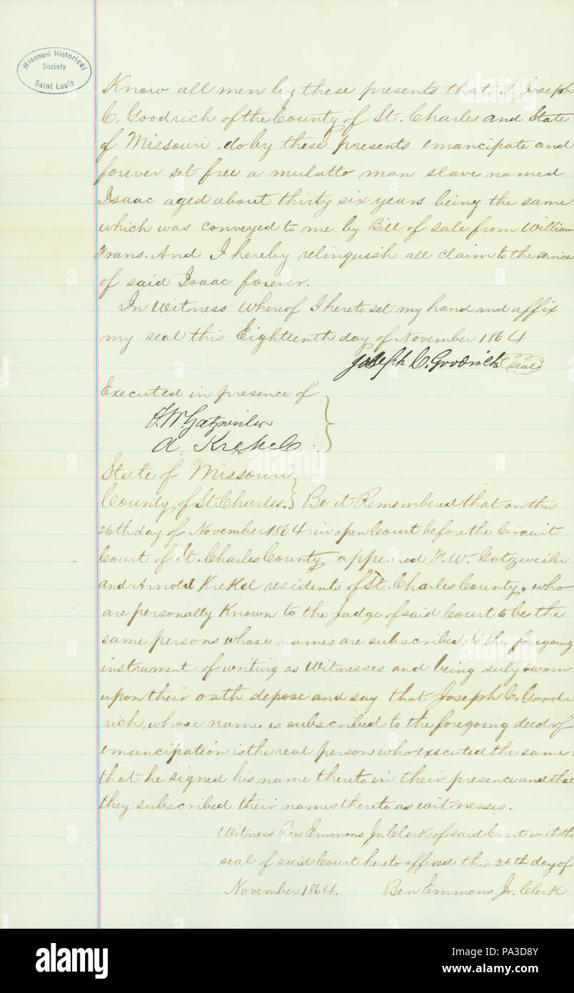 617 Emanzipation Zertifikat für Isaac, ein Mulatto über sechsunddreißig Jahre alt, Zustand von Missouri, Landkreis St. Charles, 18. Dezember 1864 Stockfoto