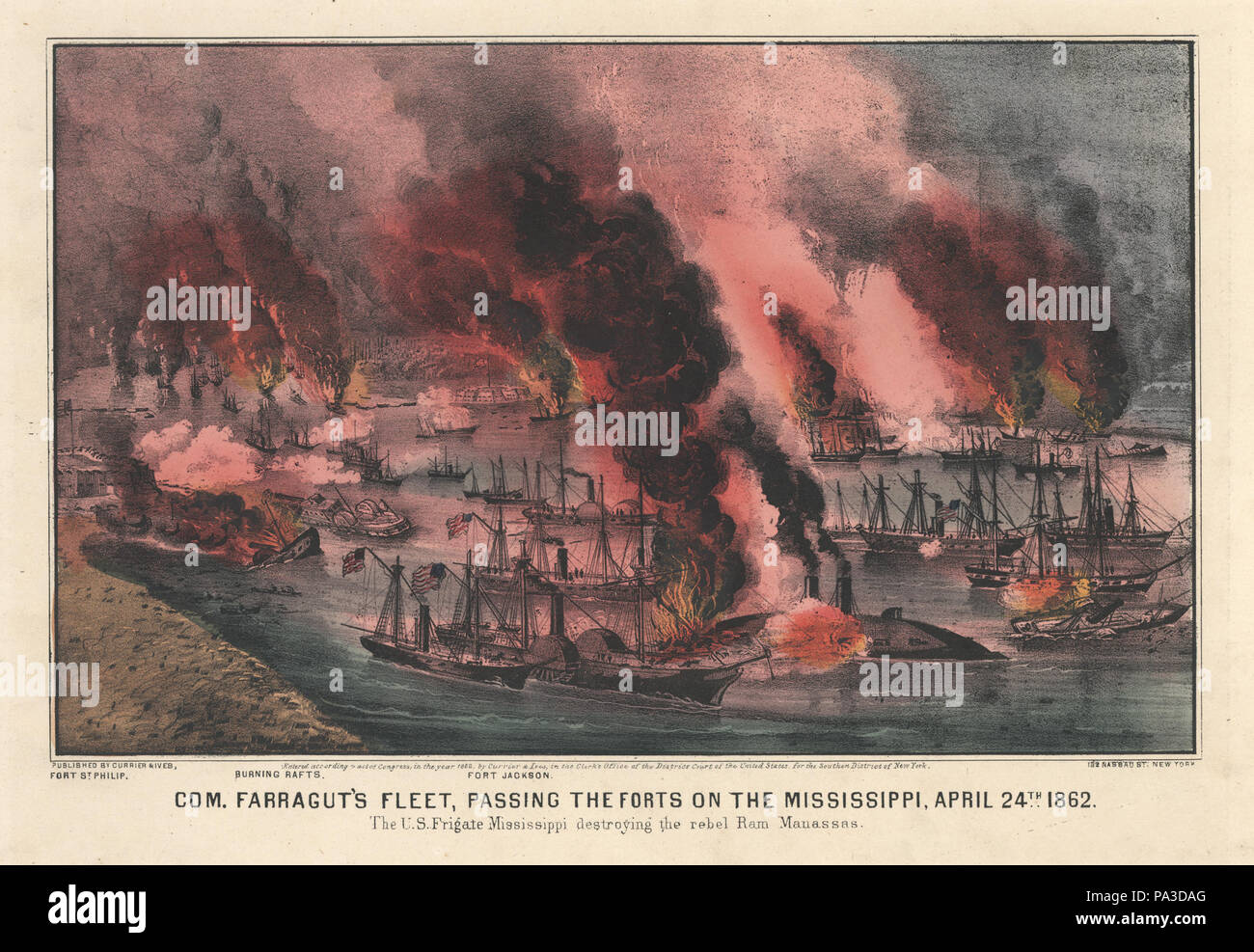 2 "Com. Farragut's Fleet, vorbei an den Festungen auf dem Mississippi, 24. April 1862." Stockfoto