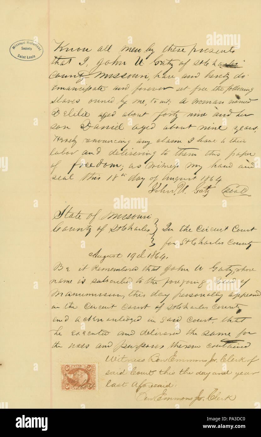 617 Emanzipation Zertifikat für Delilie, vierzig Jahre alt, und ihr Sohn, Daniel, neun Jahre alt, Zustand von Missouri, Landkreis St. Charles, 18. August 1864 Stockfoto