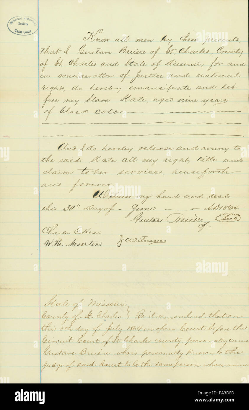 617 Emanzipation Zertifikat für Kate, neun Jahre alt, Zustand von Missouri, Landkreis St. Charles, 30. Juni 1864 Stockfoto