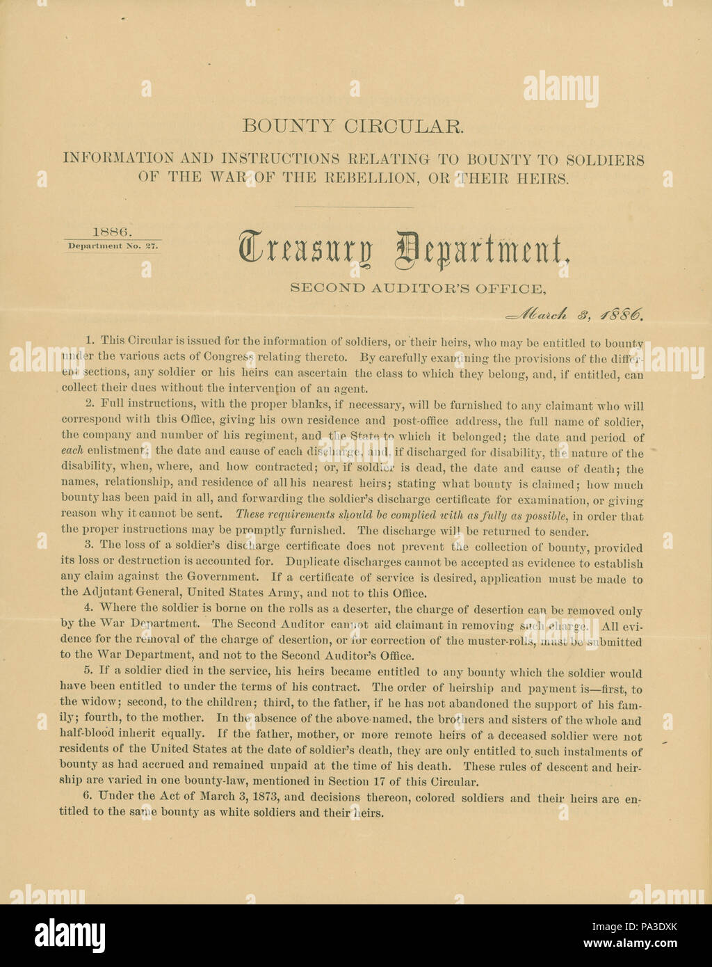 219 Bounty Rundschreiben des Finanzministeriums, der zweite Prüfer Office, 3. März 1886 Stockfoto