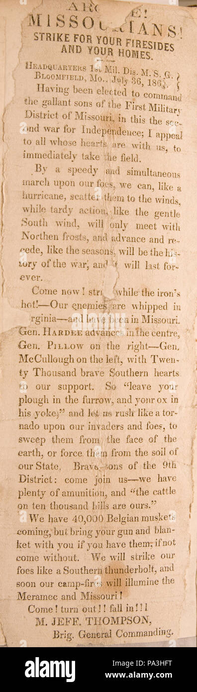 4 "missourians! Streik für Ihre Kamine und Ihre Häuser." (Rekrutierung Aufruf zur ersten militärischen Bezirk von Missouri ausgestellt durch Konföderierte Brigadegeneral M. Jeff Thompson) Stockfoto