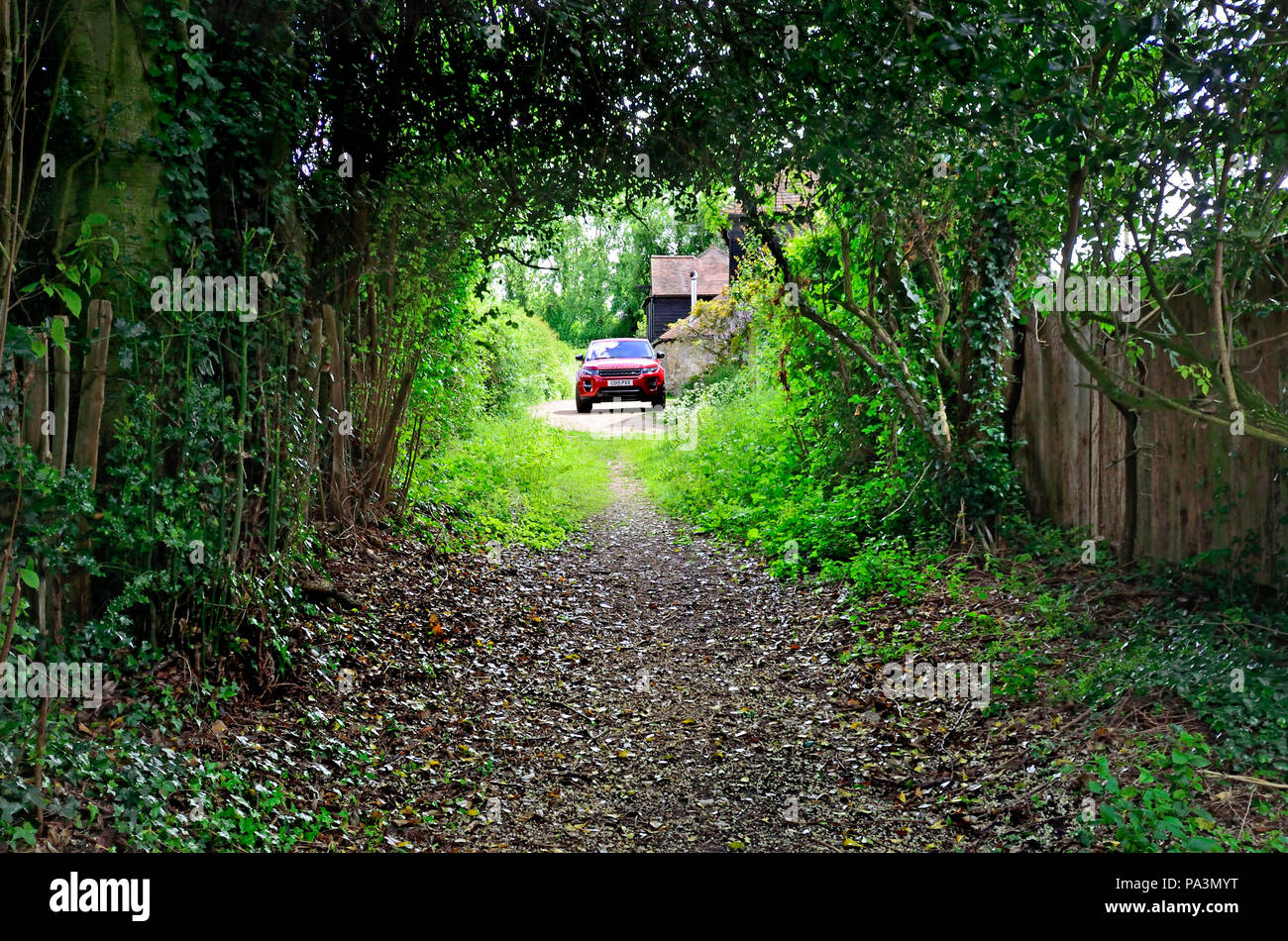 Range Rover Auto in einen Feldweg geparkt ist, am Ende einen Fußweg durch einen Tunnel von Bäumen und Hecken, Kent, England, UK. Stockfoto