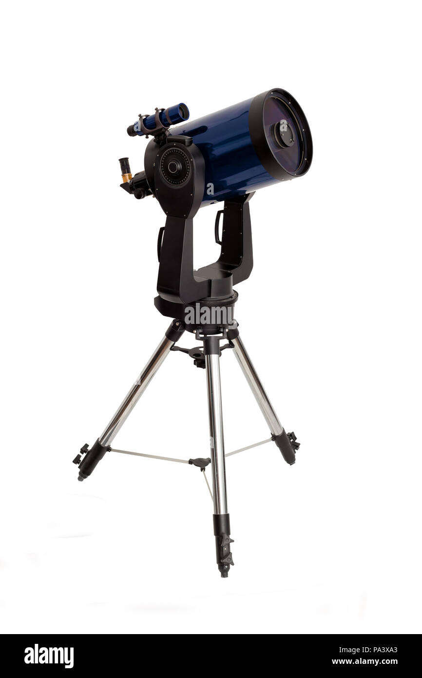 Long range Teleskop auf einem Stativ isoliert auf weißem backgrouns Stockfoto