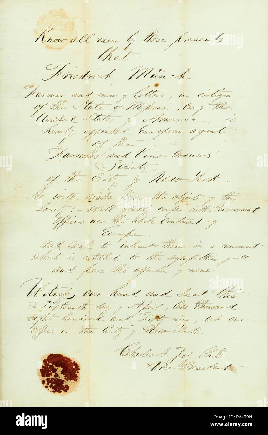 294 Zertifikat zur Ernennung von Friedrich Muench als Europäische Vertreter der Landwirte und Vine-Growers" Gesellschaft von Charles A. Freude, Vizepräsident, 16. April 1859 unterzeichnet. Stockfoto