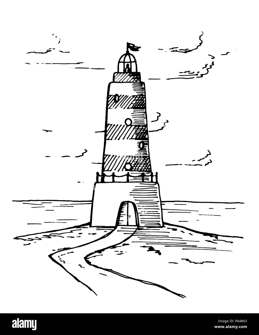 Eine nette und schöne Zeichnung eines schwarzen und weißen Leuchtturm Stockfoto