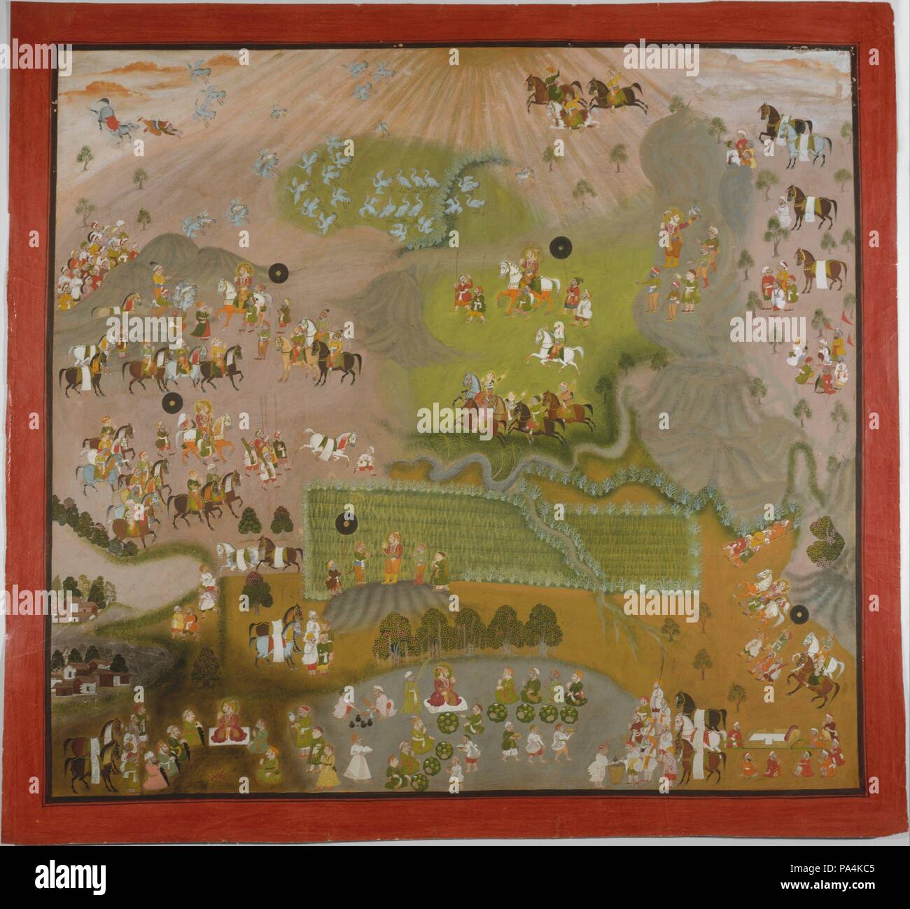 Maharana Jagat Singh Falken für Krane. Artist: Shiva und Dayal. Kultur: Indien, Rajasthan, Udaipur. Maße: Blatt: 26 7/8 x 29 3/4 in. (68,3 x 75,6 cm) Bild: 23 7/8 x 25 7/8 in. (60,6 x 65,7 cm) Gerahmt: 34 5/8 x 36 1/2 x 1 1/2 in. (87,9 × 92,7 × 3,8 cm). Datum: datiert 1744. Dieses spektakulären Panoramablick auf der Mewar Landschaft zeigt eine Royal Hunting Party in einer Reihe von aufeinanderfolgenden Vignetten, die Schaffung einer durchgehenden Erzählung. Die Antenne Perspektive, worin sich der tiefe Blick auf Gelände von vielen Rajput Forts bot, war eine Innovation der Mewar Schule, vielleicht kombiniert h Stockfoto