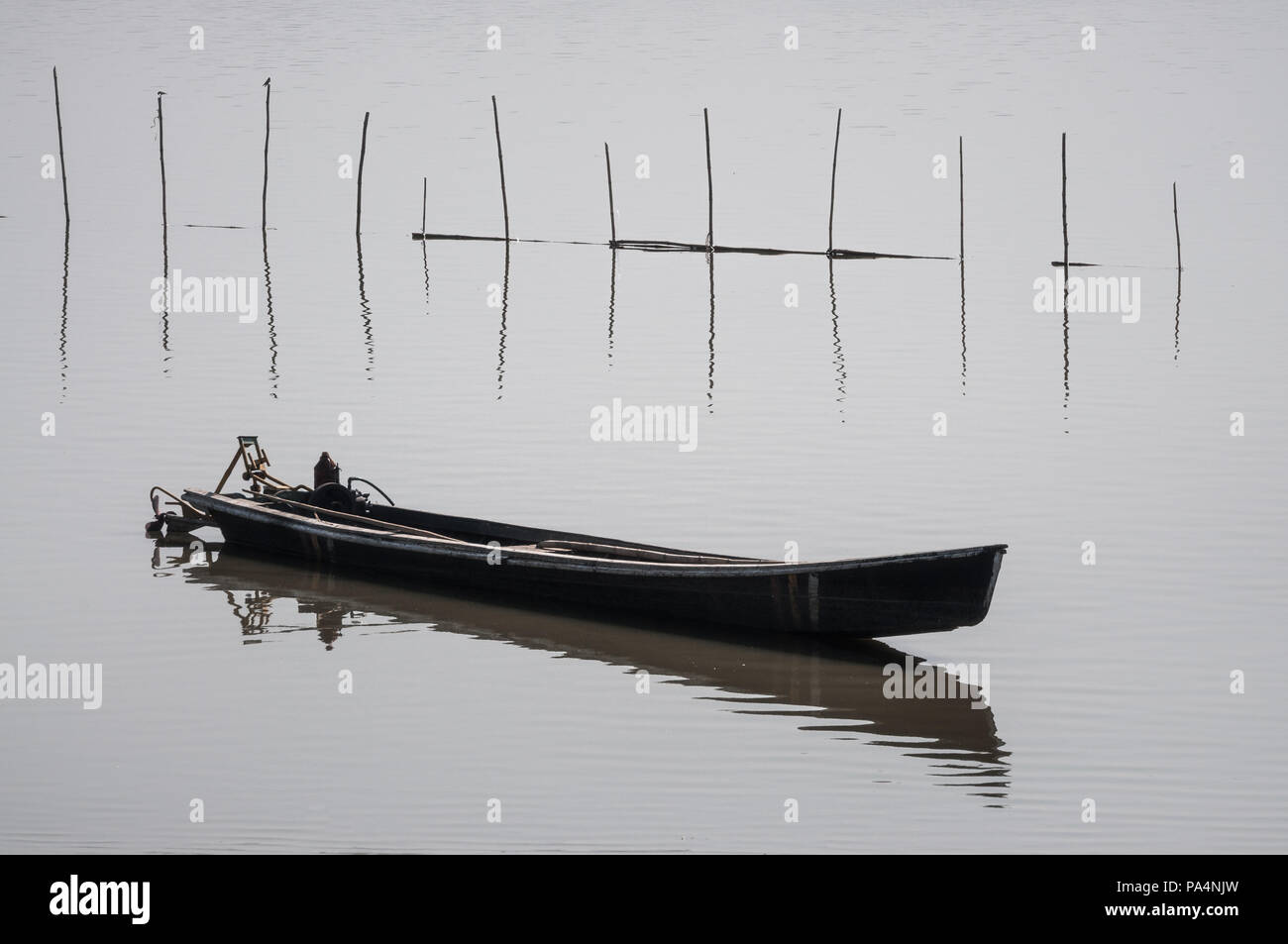 Fisch Boot auf dem Taung Tha Mann See in Mandalay, Myanmar Stockfoto