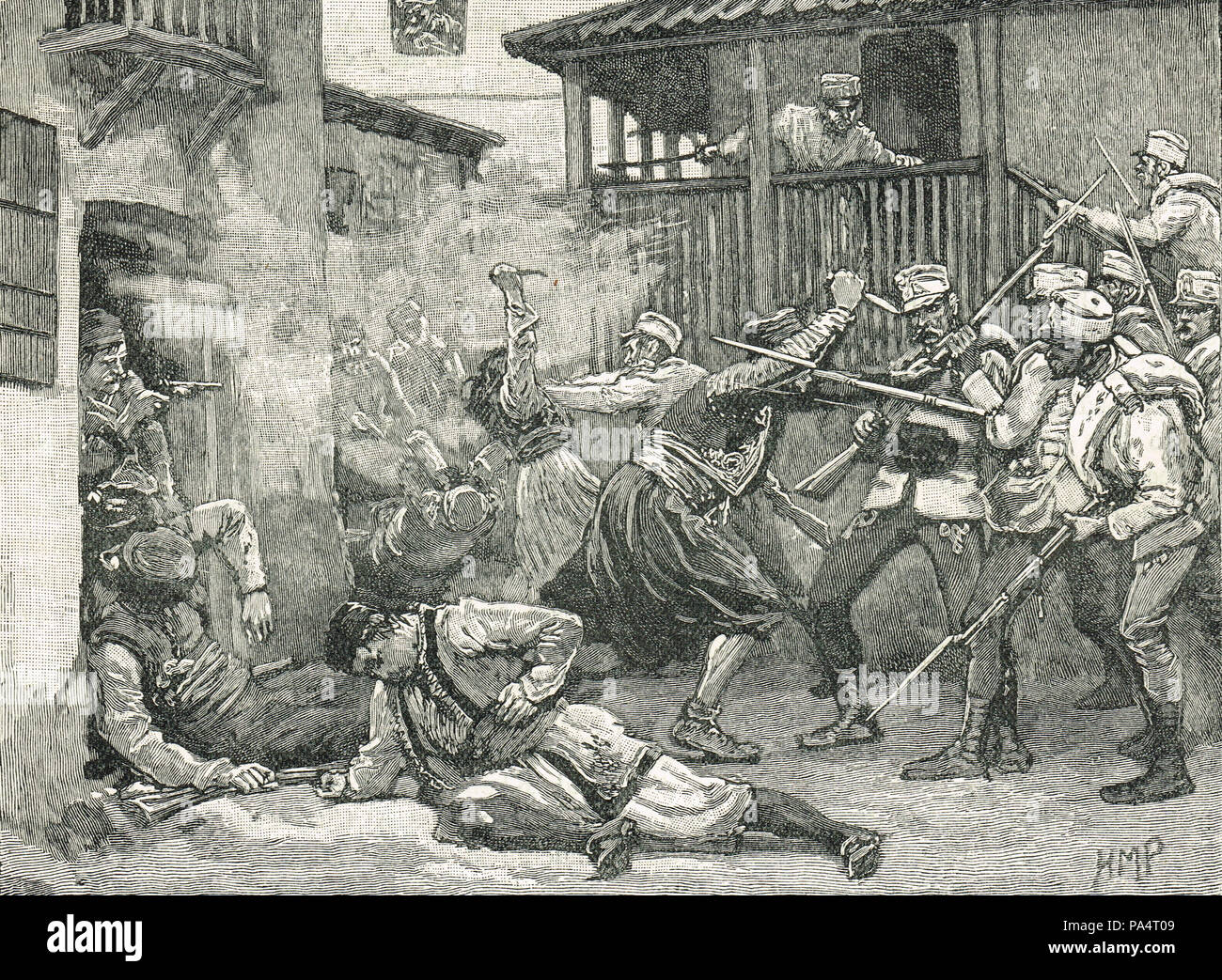 Straßenschlacht in Sarajewo zwischen der österreichisch-ungarischen Armee und lokalen Milizen. Besetzung von Sarajevo, Oktober 1878 Stockfoto