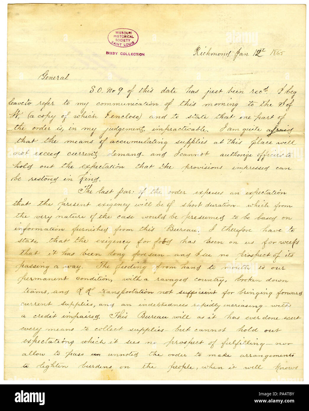 349 Kopie des Schreibens von L.B. Northrop, Richmond, auf Allgemeine s. Cooper, Richmond, Virginia, 12. Januar 1865 Stockfoto