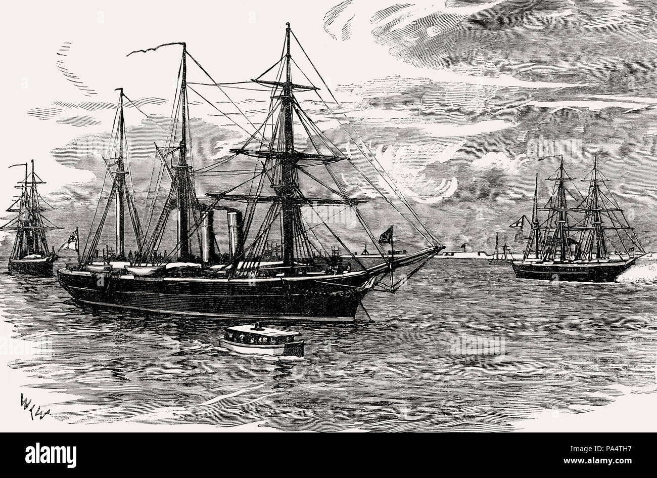 HMS Iris, ein Kreuzer der Royal Navy, die Blockade des Hafens Damietta, ägyptischen Krieg vom Britischen Schlachten auf Land und Meer, von James Grant Stockfoto