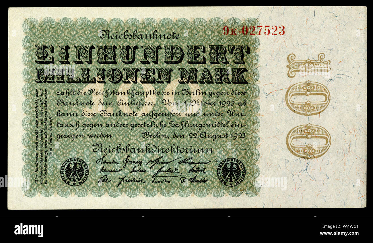 101 GER-107--100 Mio. Mark Reichsbanknote (1923) Stockfoto